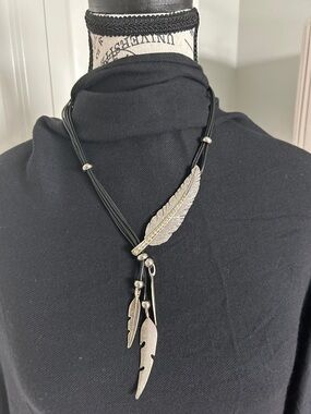 Silver Feather Pendant With Rhinestones Necklace on Black Cord